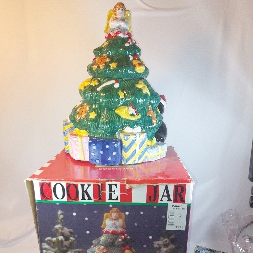 Vintage Montgomery Ward Christmas Tree Cookie Jar Angel/Penguin/Presents